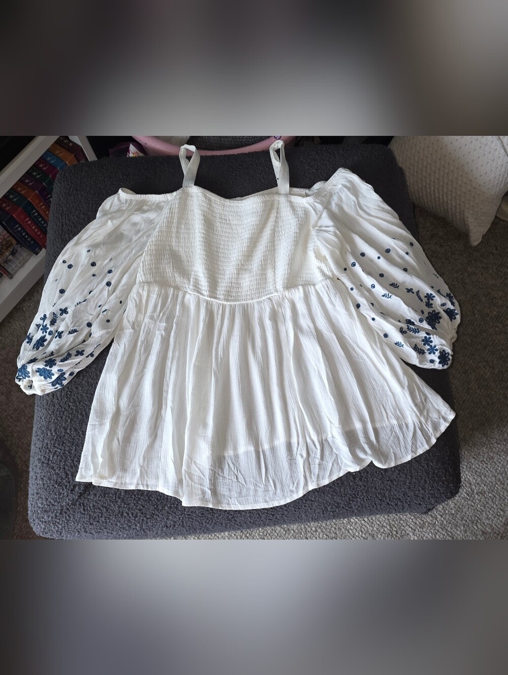 torrid White Off-Shoulder Peasant Blouse with Blue Embroidered Sleeves